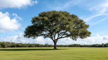 A large tree in a field with a blue sky photo