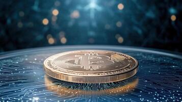 Bitcoin on a circuit board with a blurry background photo