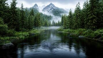 A river in the middle of a forest with trees and mountains photo