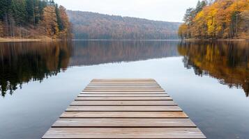 A wooden dock extends into the water in front of a forest photo