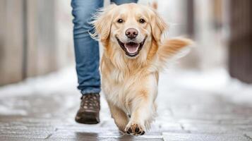A golden retriever running down the street photo
