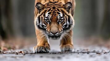 A tiger walking on a path in the woods photo