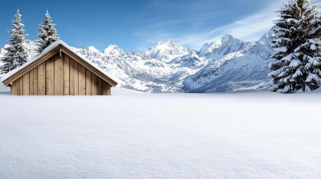 A wooden cabin in the snow with trees in the background photo
