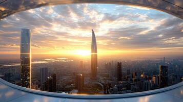 A view of the city from inside a circular window photo