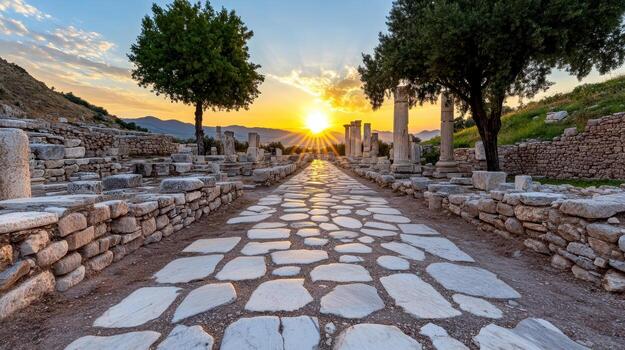 The sun sets over the ruins of the ancient city of delphi photo
