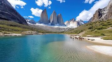 Horses are standing on the shore of a lake near a mountain range photo