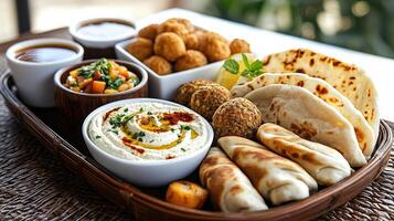 A tray of food with dips and bread photo