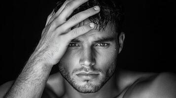 A man with no shirt on is holding his head photo