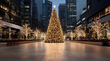 A large christmas tree is in the middle of a city photo