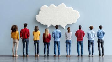 Group of people standing in front of cloud with speech bubble photo
