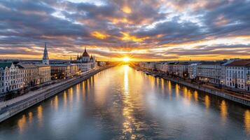 Sunset over the danube river in budapest, hungary photo