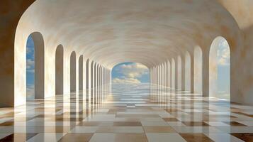 An empty hallway with a sky view photo