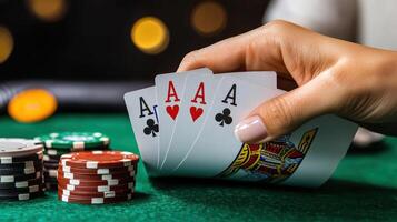 A person holding four aces and playing cards on a green table photo
