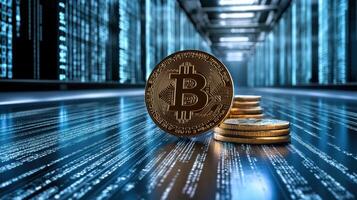 Bitcoin and coins on a data center background photo