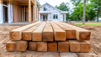 A pile of wood is sitting in front of a house photo