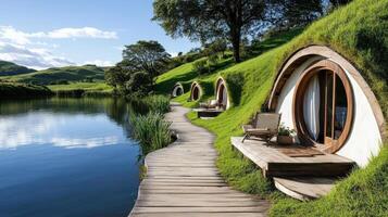 Hobbit houses on the banks of a river photo