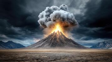 A volcano erupting in the middle of an empty field photo