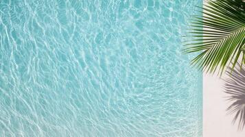 A palm tree and a pool with blue water photo