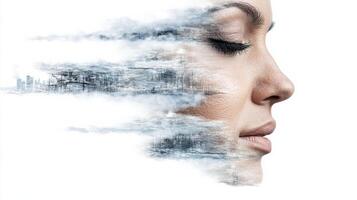 A woman's face is covered with smoke and clouds photo