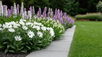 A flower bed with white and purple flowers photo
