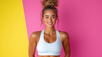 A woman in a white sports bra top posing against a colorful background photo