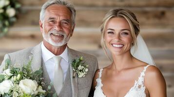 A smiling bride and her grandfather photo