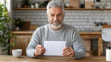 A man with a beard and grey hair holding a blank piece of paper photo