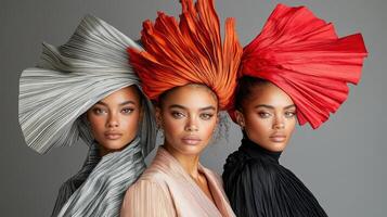 Three women wearing colorful hats with red and black photo