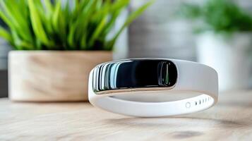A smart watch on a table with a plant in the background photo