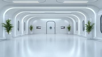 A white hallway with a door and plants in the middle photo
