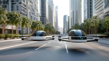 Two flying cars on the road in front of tall buildings photo