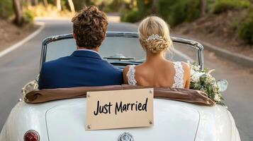 Just married couple in convertible car photo