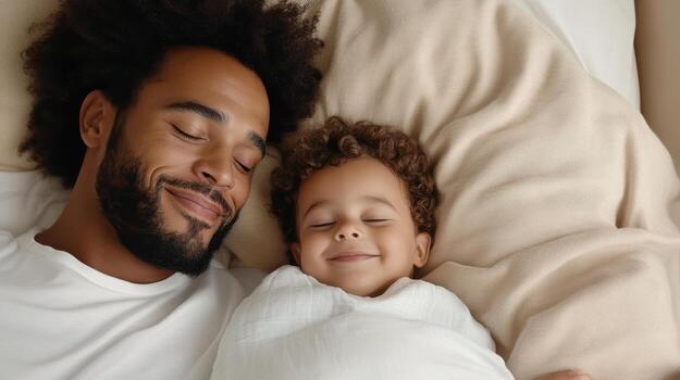A man and a child sleeping in bed photo