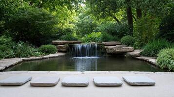 A pond with a waterfall and four benches in front of it photo