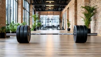 A barbell in a gym with plants and windows photo