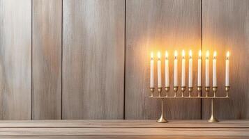 A menorah with five candles on a wooden table photo
