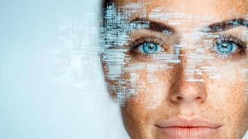 A woman with a digital face and a computer screen photo