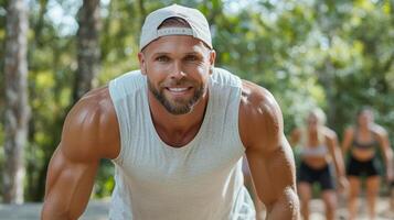 A man in a white tank top and cap is smiling photo