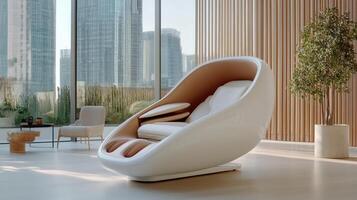 A modern chair in front of a large window photo