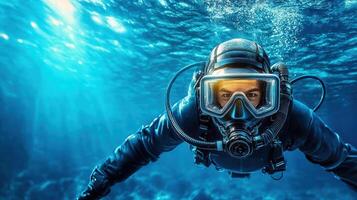 A man in a scuba suit and diving mask photo