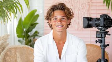 A young man is smiling while holding a camera photo