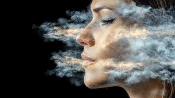 A woman with smoke coming out of her face photo