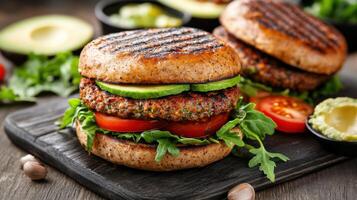 Two hamburgers with tomatoes and avocado on a wooden board photo