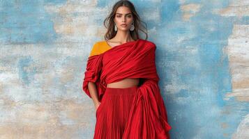 A model in red pleated skirt and top photo