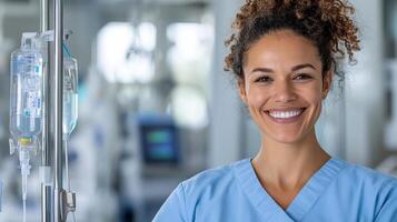 A smiling nurse standing in front of an iv drip photo