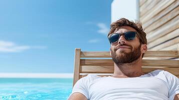 A man in sunglasses is relaxing in a chair by a pool photo