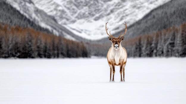 A deer stands in the snow in front of a mountain photo