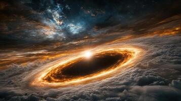 A black hole in the sky with a bright light shining through it photo