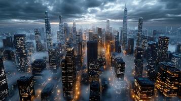 A city is shown in the dark with fog photo