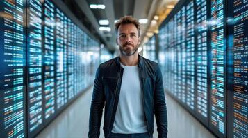 A man standing in front of a wall of data photo